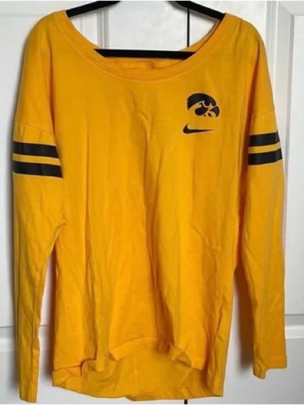 Nike Iowa Hawkeyes Gold Long Sleeve Top with Black Logo and Sleeve Stripes